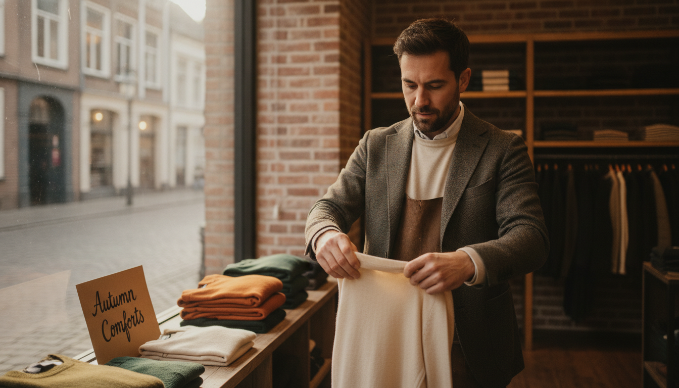 A boutique clothing store owner arranging a seasonal window display in preparation for a peak trading period