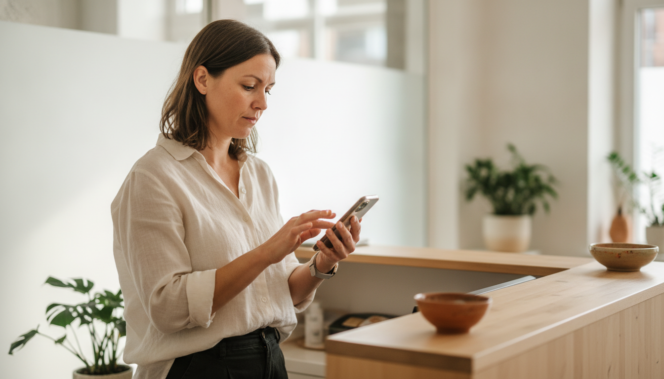 Spa owner reviewing post-visit follow-up messages from her client list