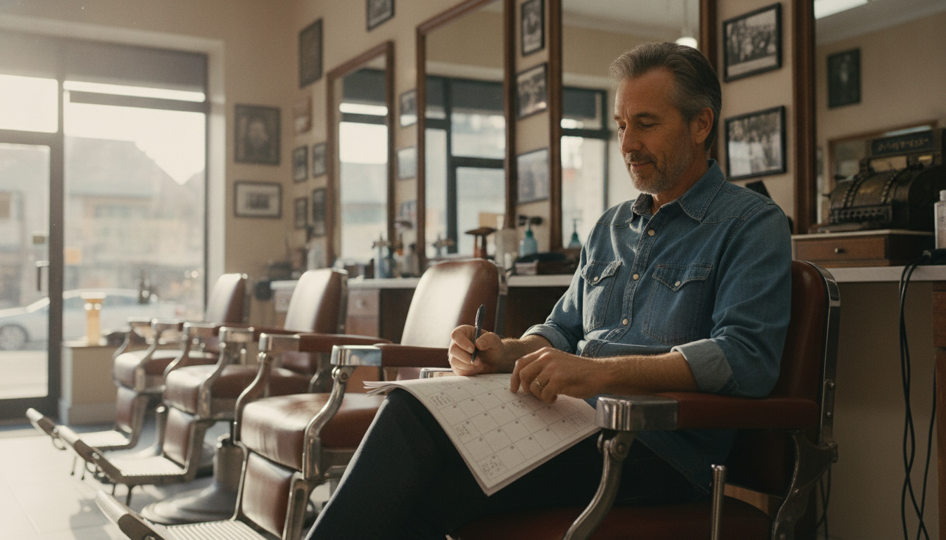 Barbershop owner planning a slow-month campaign during a quiet afternoon in his shop