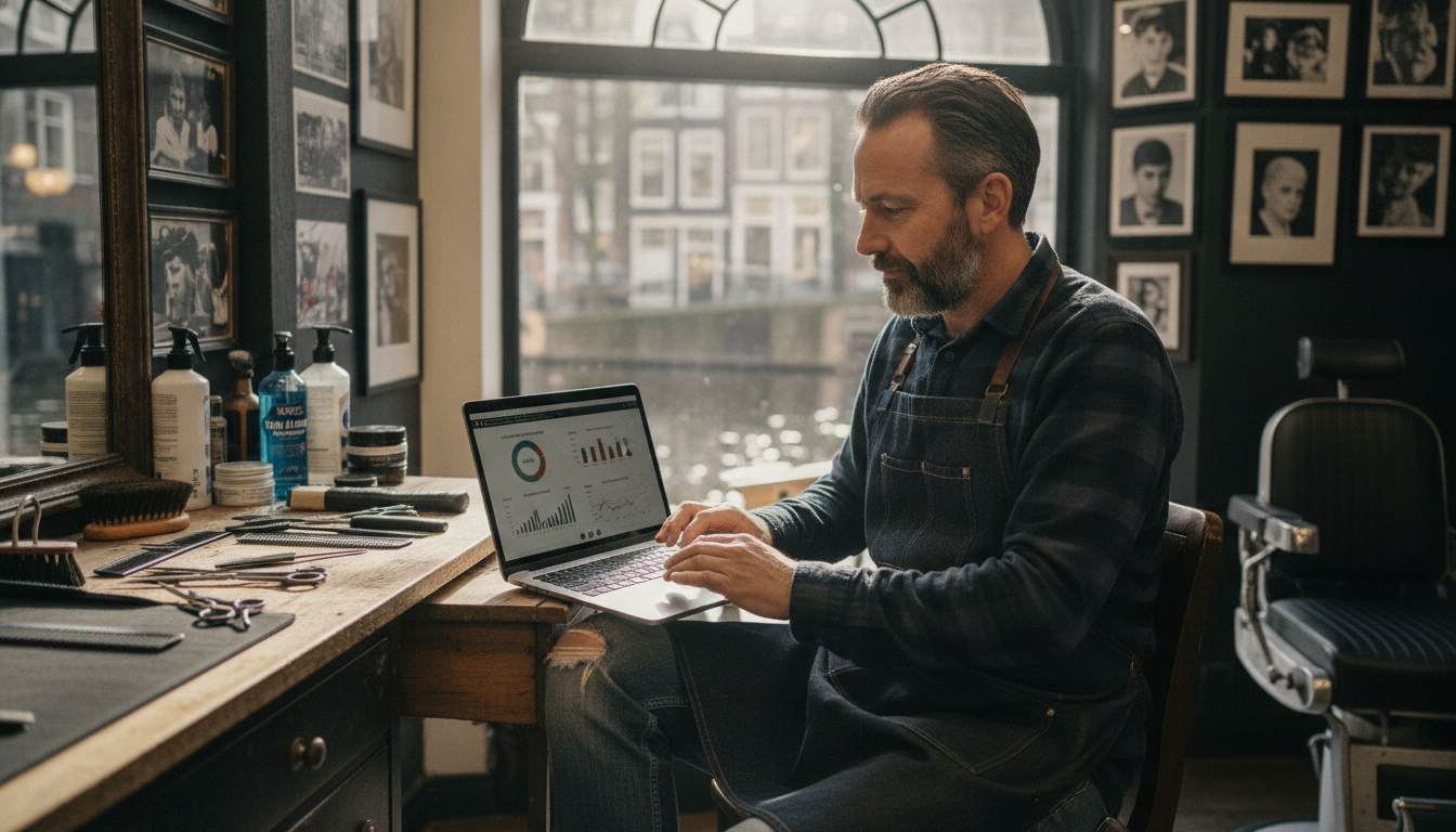 Barbershop owner reviewing customer data and visit patterns on a laptop between client appointments
