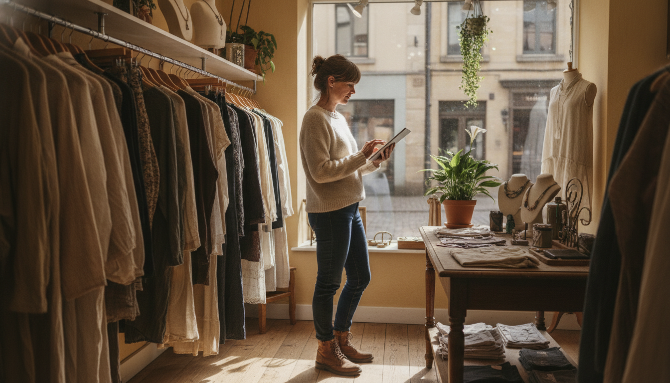 A boutique owner using an AI content tool in her shop - specificity in the input is the difference between generic copy and content that sounds like her