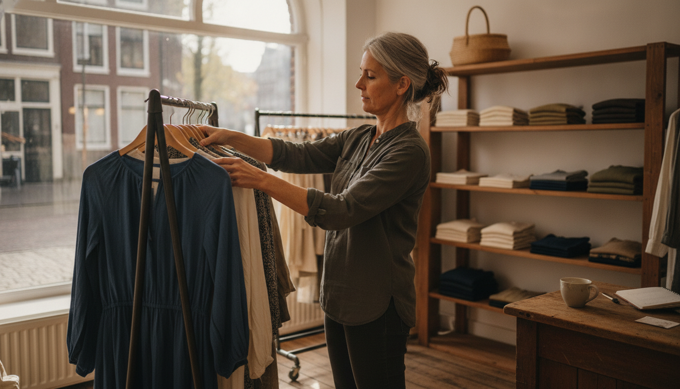 A boutique owner quietly working during a slow morning window - the exact slot a well-built micro-campaign could fill