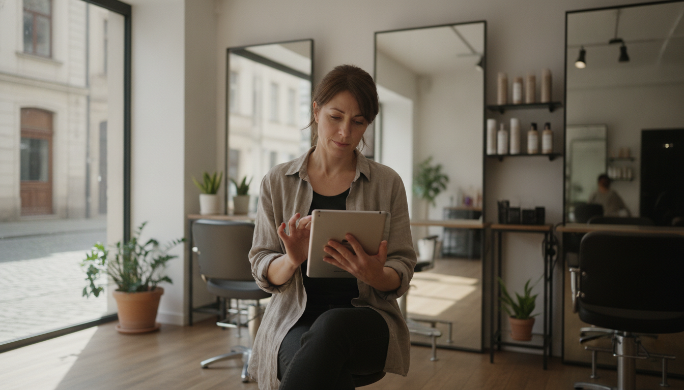 Hair salon owner reviewing AI-generated content on her tablet between appointments