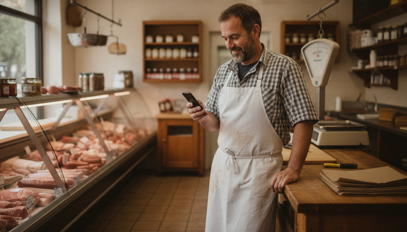 Butcher shop owner checking his Google Business Profile on his phone during a quiet moment