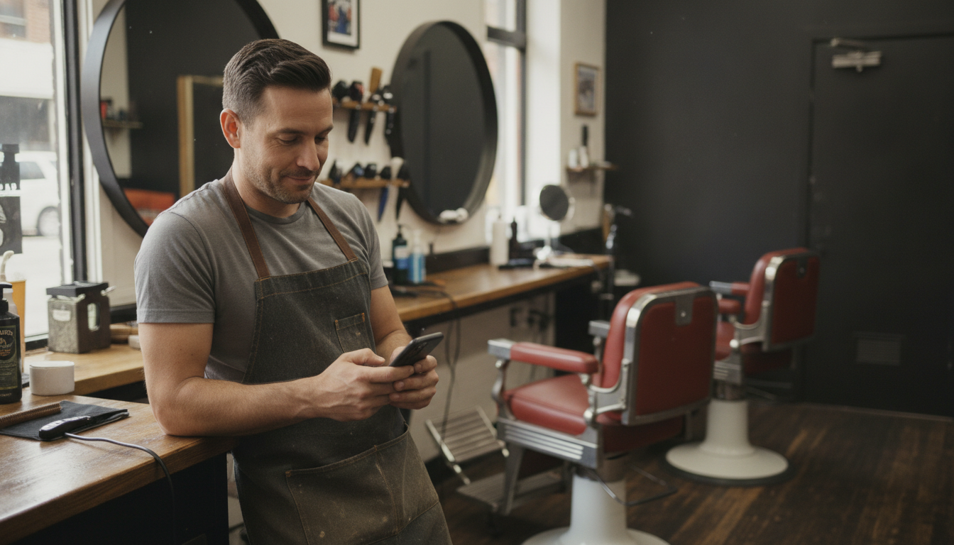 A barbershop owner reviewing his content schedule on his phone between clients