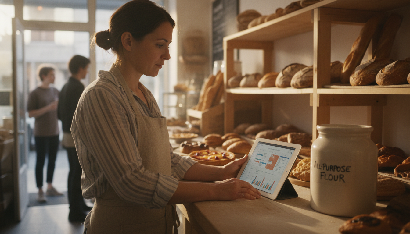 Bakery owner reviewing her content schedule and analytics on a tablet in her shop