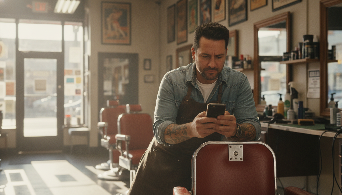Barbershop owner reviewing social media analytics on his phone between appointments