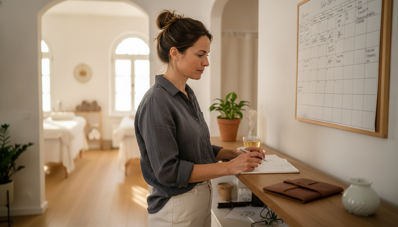 A spa owner reviewing her appointment schedule during a quiet mid-afternoon window