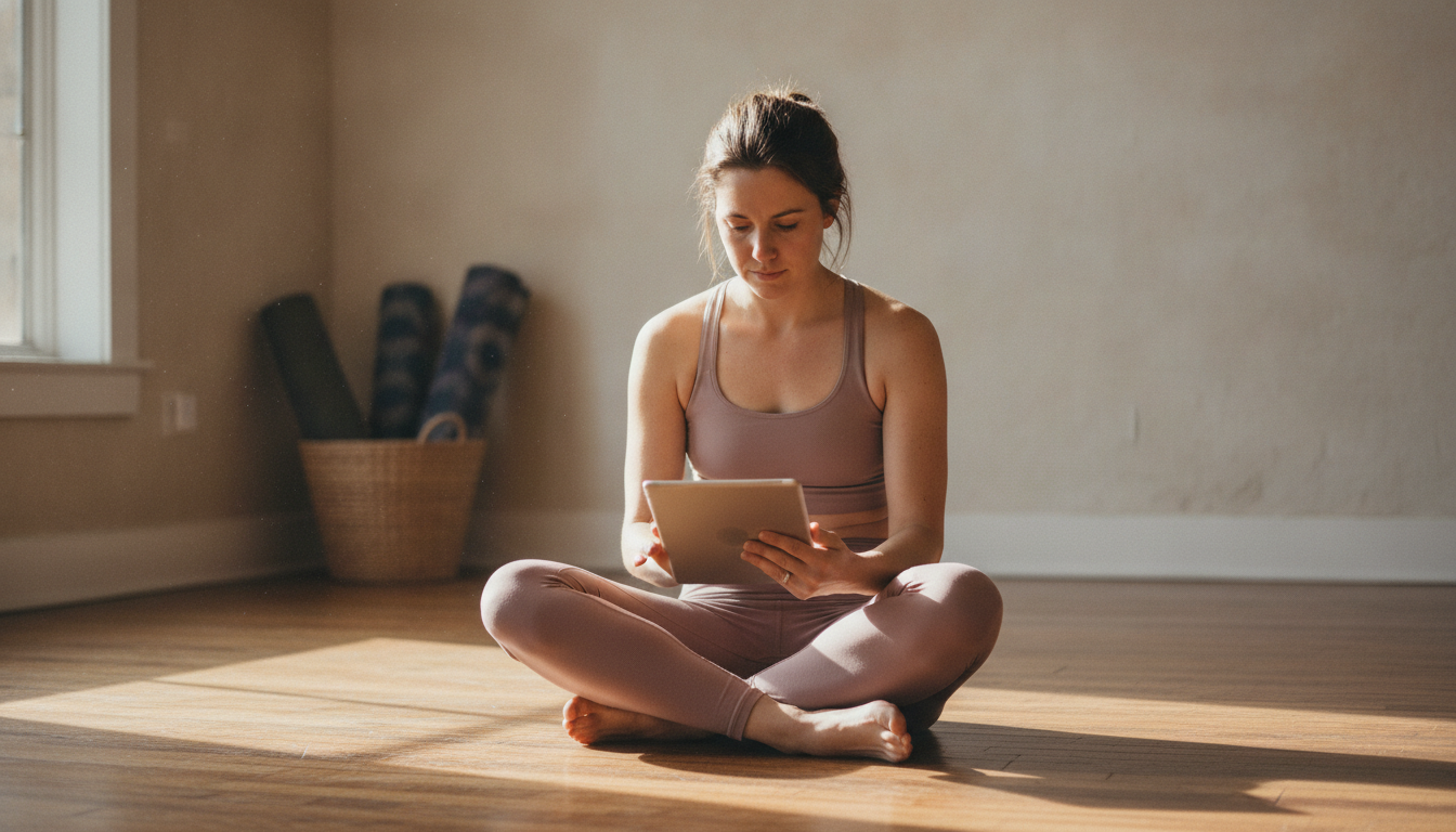 A yoga studio owner reviewing her content plan on a tablet between classes