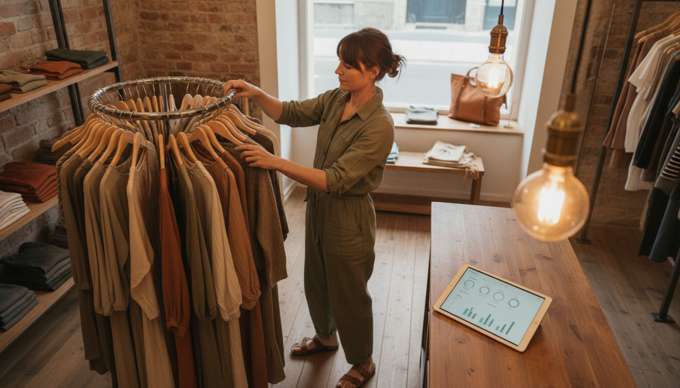 Boutique owner working during a slow midday period with sales analytics visible on tablet