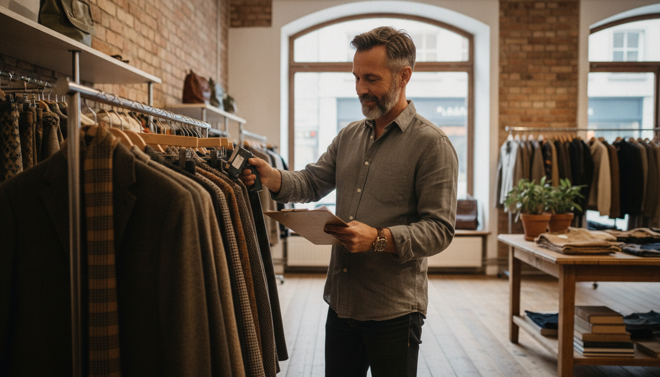 Boutique clothing store owner preparing seasonal stock for an upcoming promotion