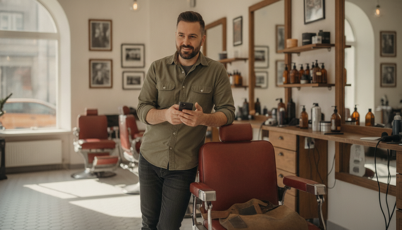 Barbershop owner checking his phone between clients
