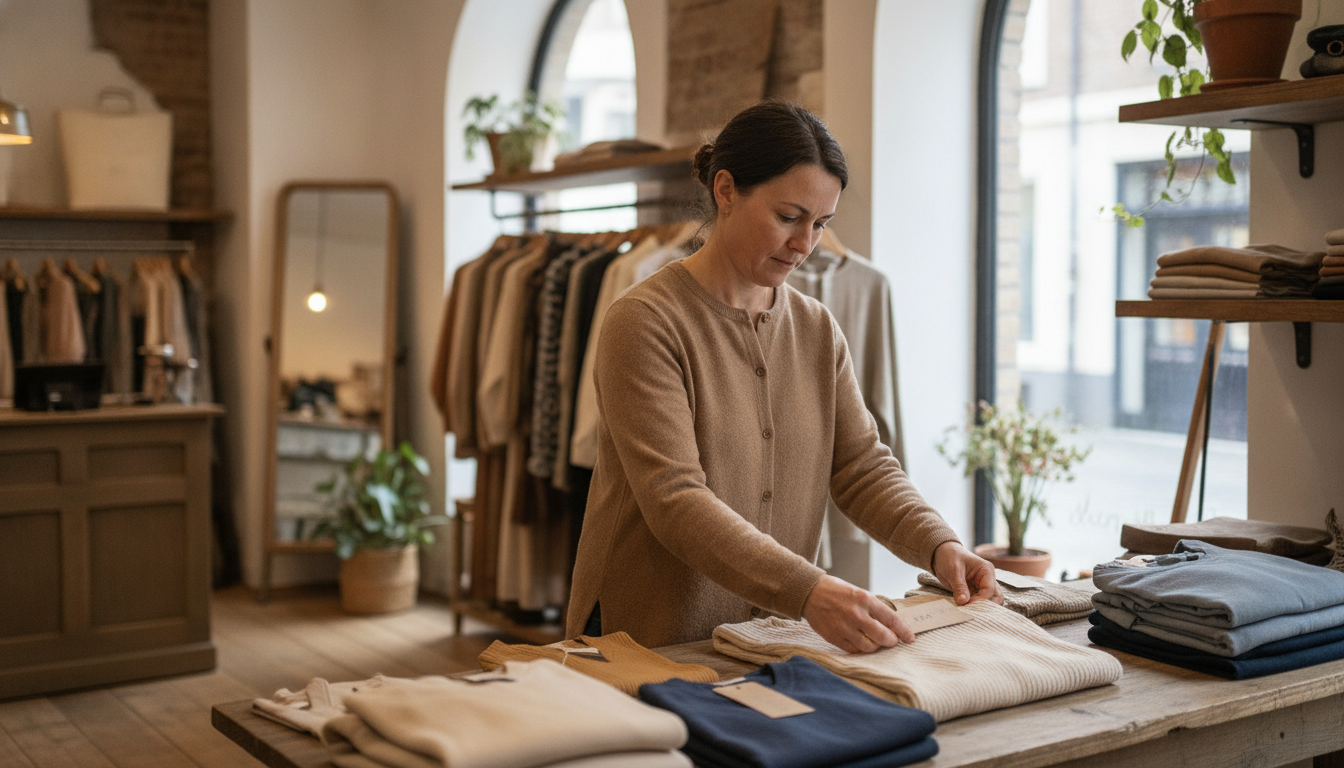 A boutique clothing retailer curating a product display during a slow midweek afternoon