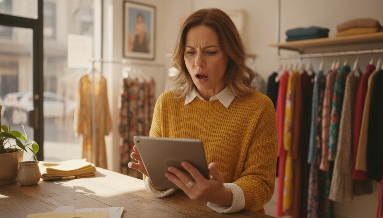Boutique clothing store owner reviewing sales data on a tablet during a quiet afternoon