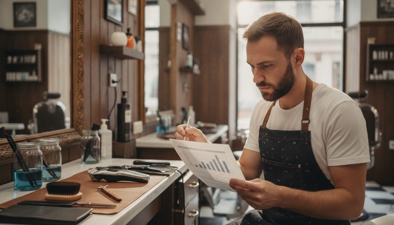 Barbershop owner reviewing content performance data between client appointments