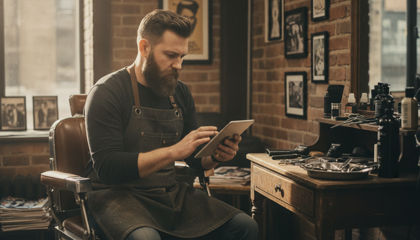 Barbershop owner reviewing customer visit data on a tablet between appointments