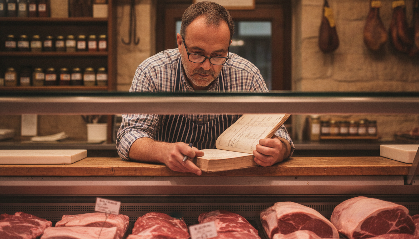 Independent butcher reviewing customer transaction data at his shop counter