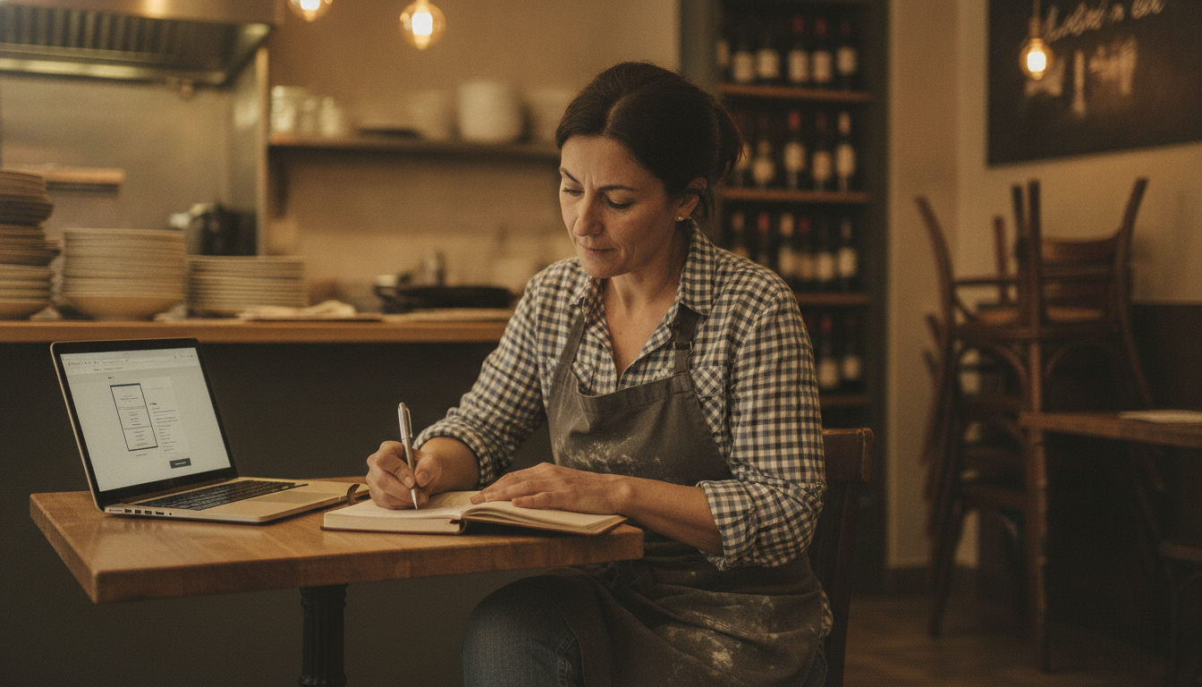 Restaurant owner building a simple booking landing page on her laptop during a quiet afternoon service