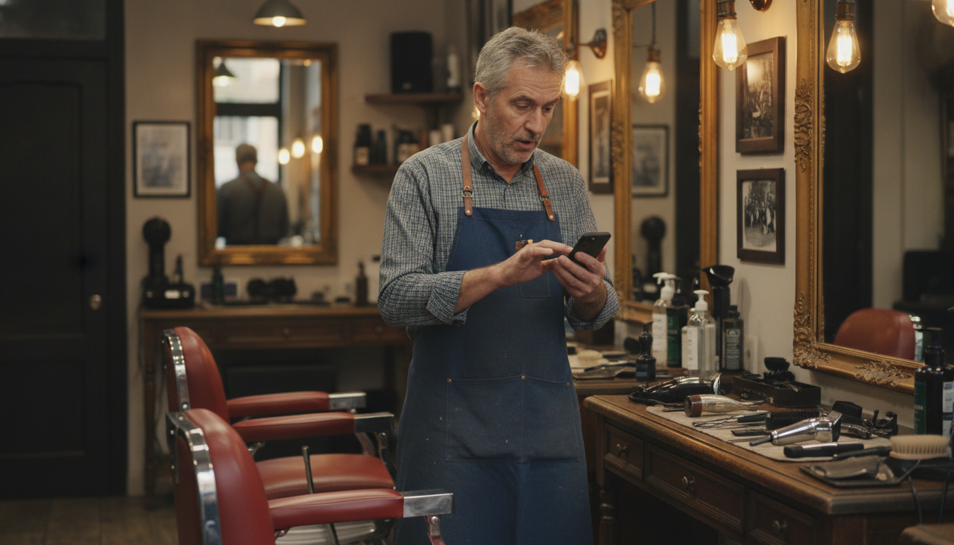 Barbershop owner checking customer visit data on his phone during a quiet morning slot