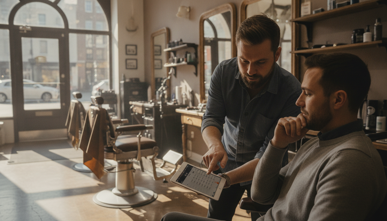A barbershop owner reviewing his weekly booking schedule with a customer on a tablet