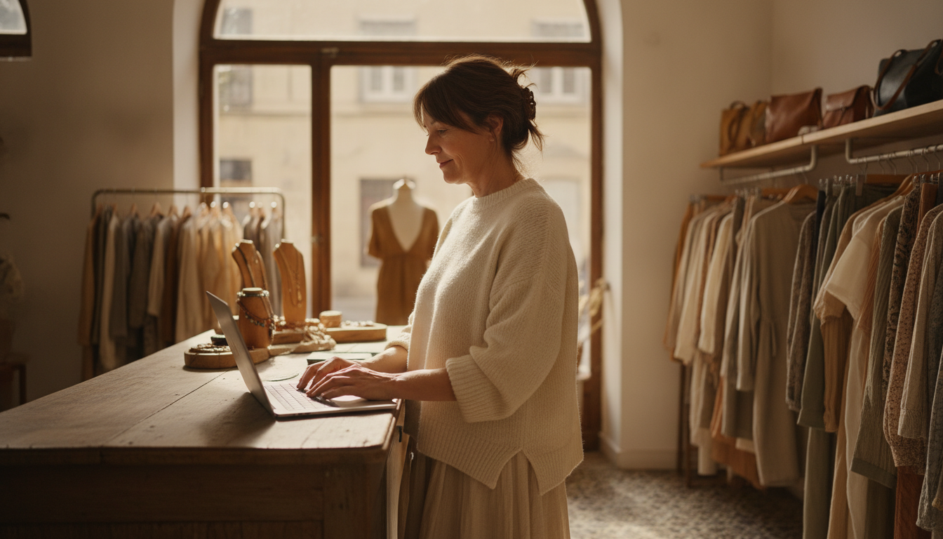 Boutique clothing store owner reviewing her Google review performance on a laptop at her shop counter