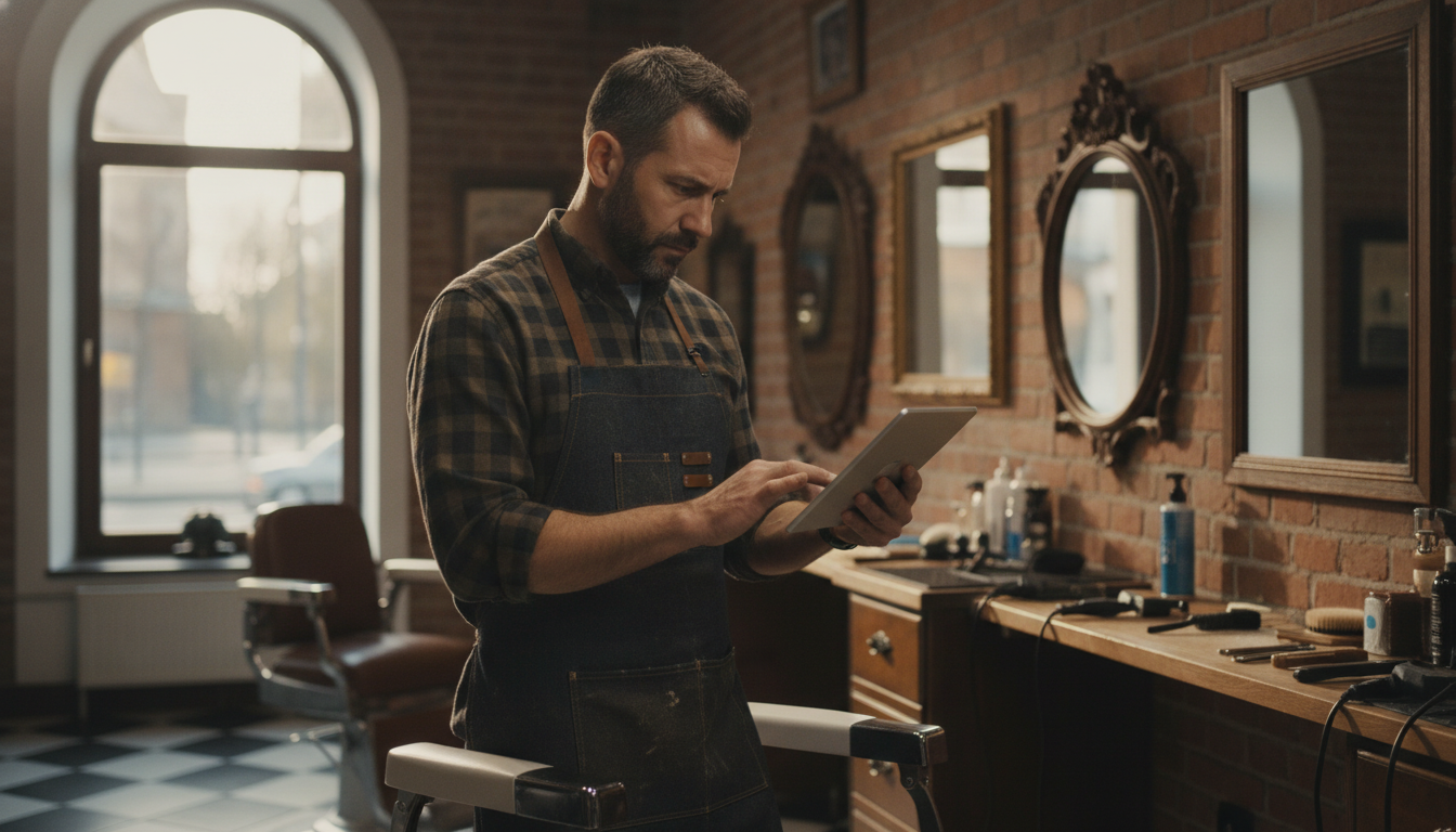 Barbershop owner reviewing social media post performance on a tablet in his shop