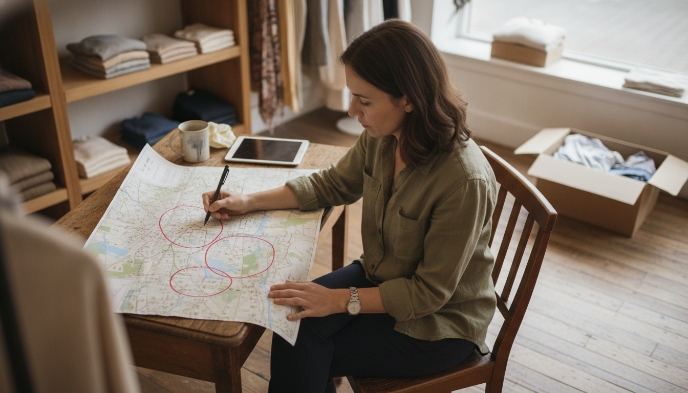 Boutique clothing store owner planning her local ad targeting radius with a neighbourhood map
