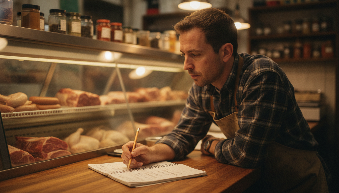 Local butcher shop owner reviewing handwritten ad budget calculations at his counter