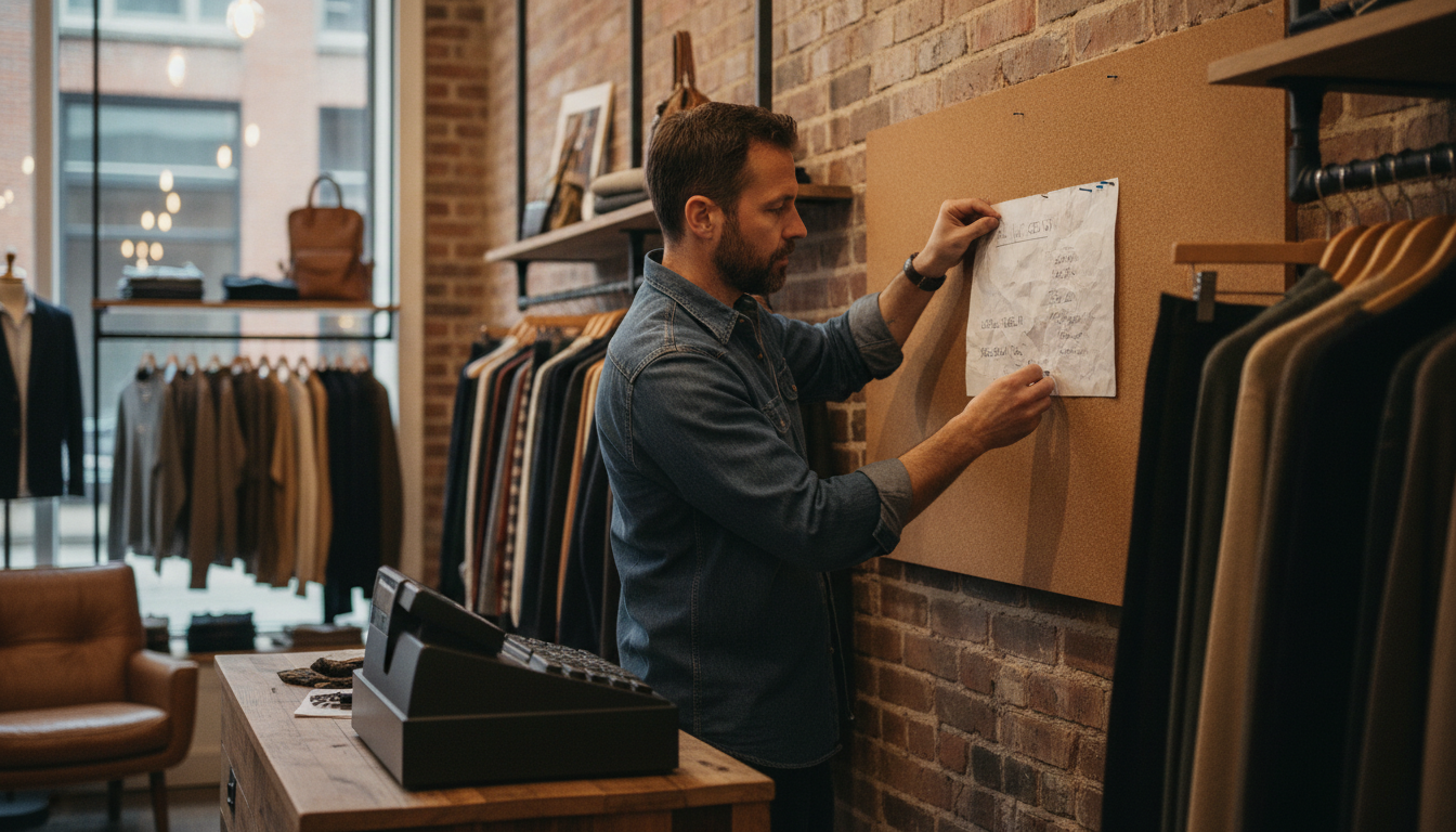 Boutique retail owner planning a seasonal campaign on a corkboard in his clothing store