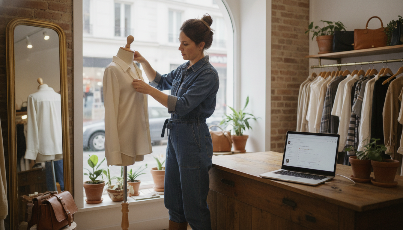 Boutique clothing store owner managing her Google Business Profile while setting up a window display