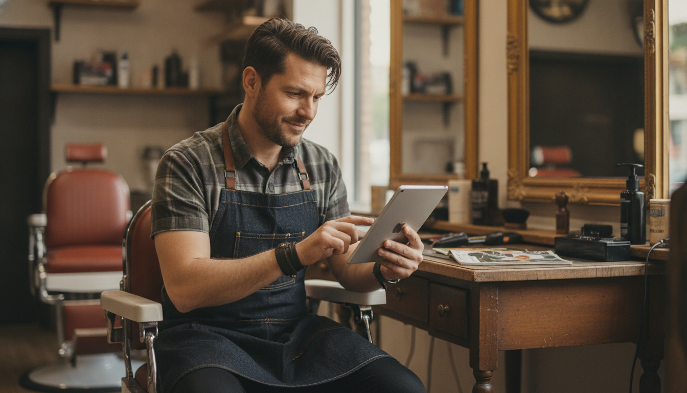 Barbershop owner responding to a customer review on a tablet between appointments