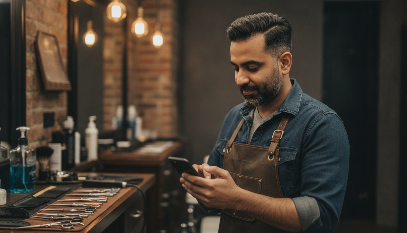 A barbershop owner checks his phone briefly between client appointments, illustrating the low-effort nature of automated post-visit follow-up