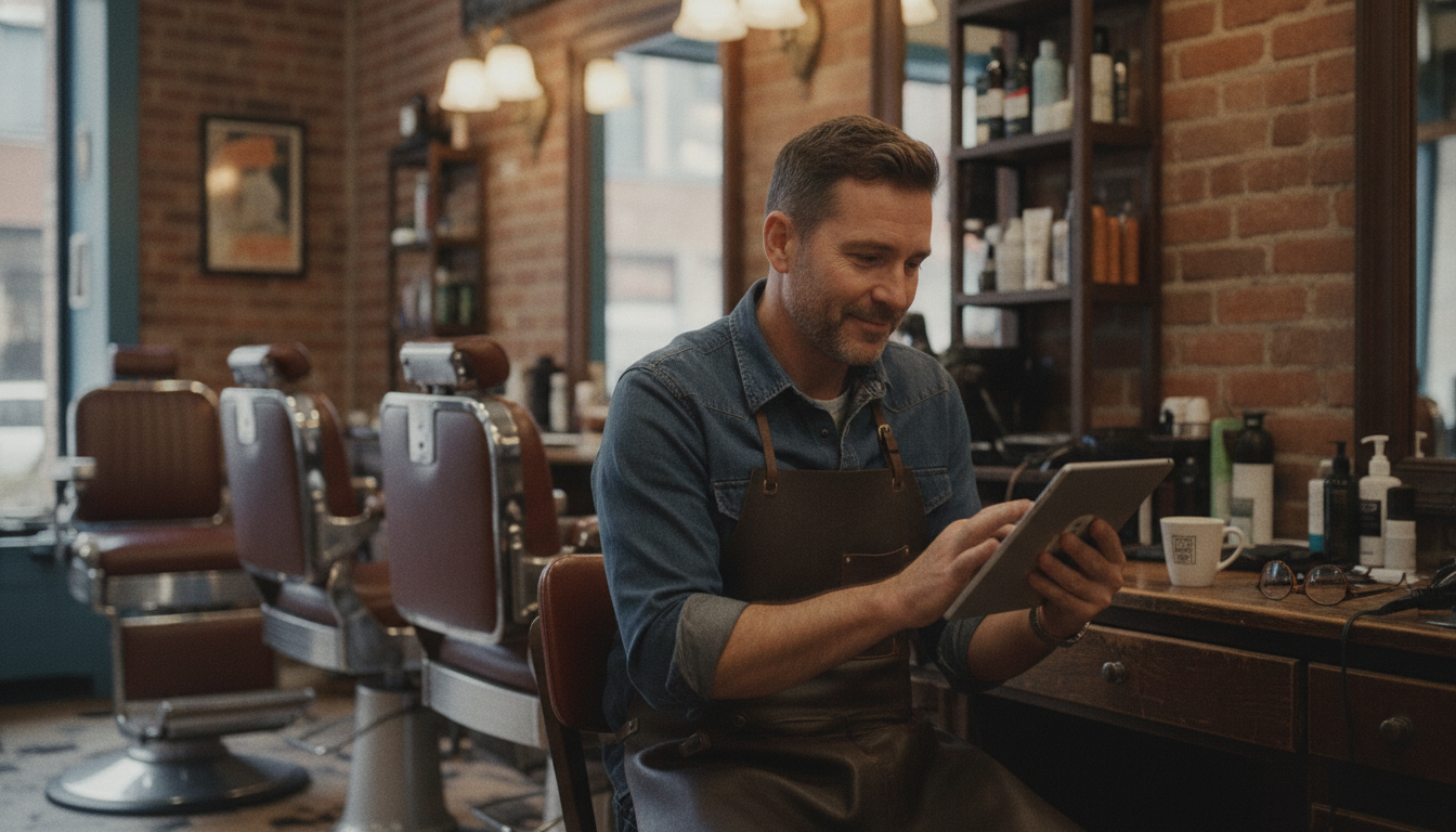 Barbershop owner reviewing client follow-up messages on a tablet between appointments