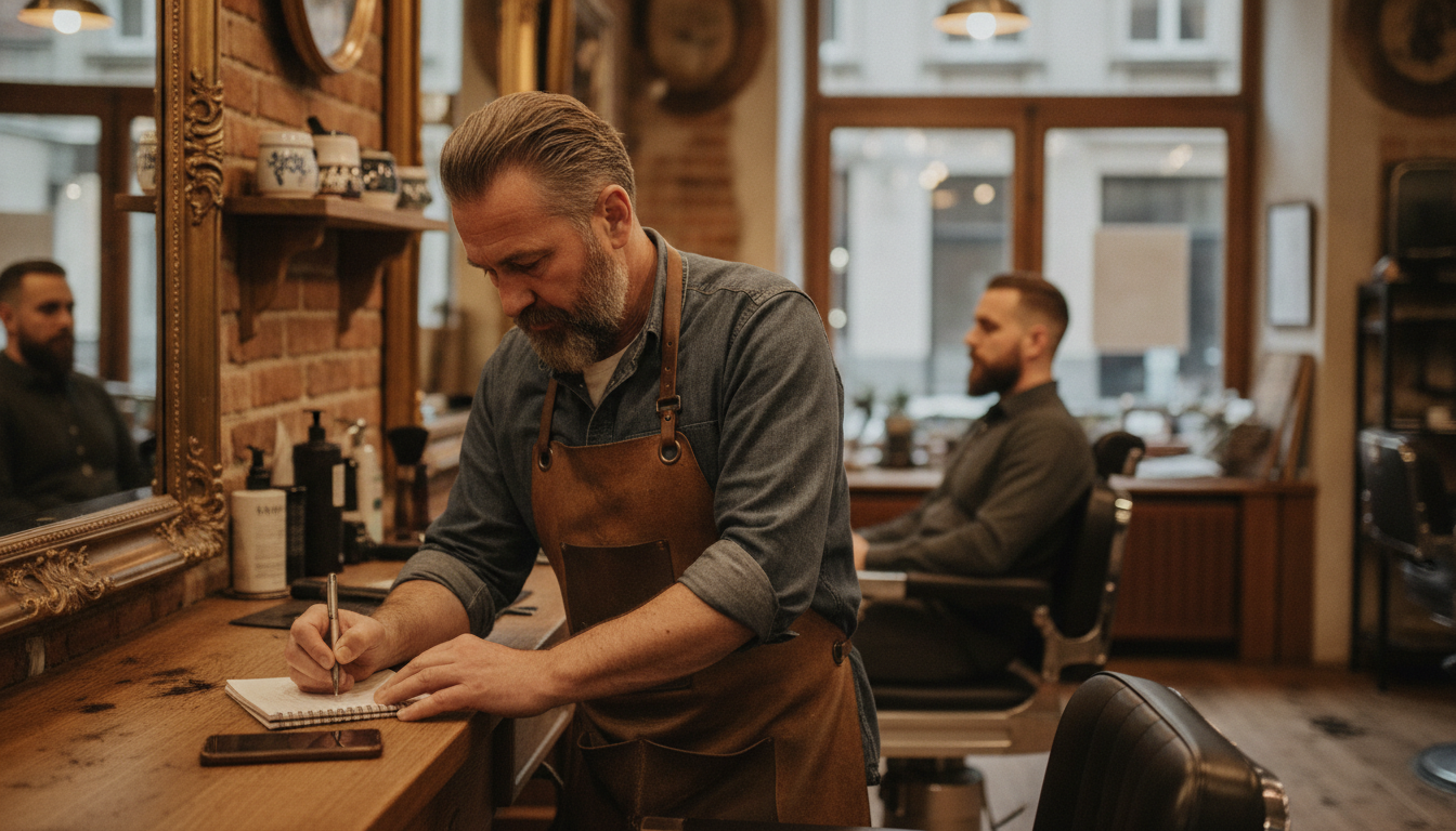 Barbershop owner writing a follow-up note beside his phone in a classic European barbershop