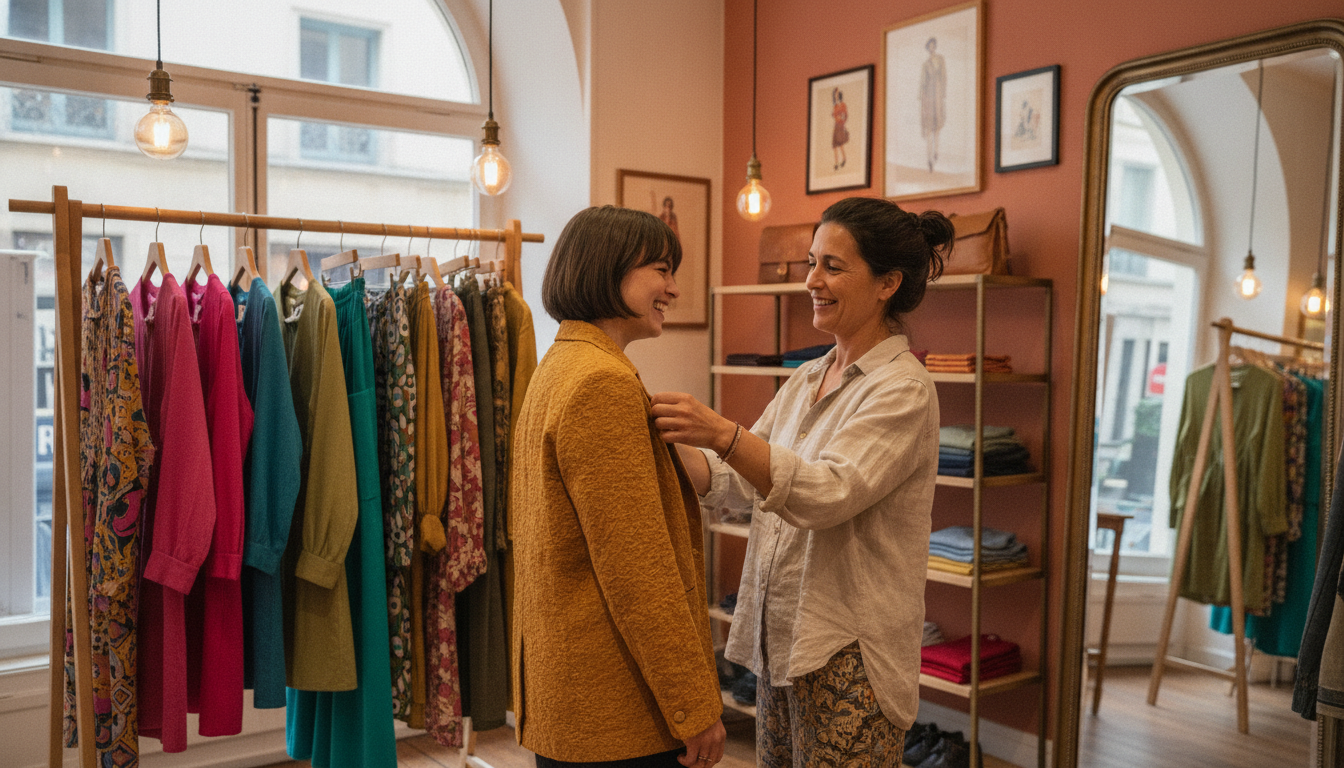 A boutique clothing store owner in Lyon helping a customer, representing the real-world trust that a strong local search presence supports
