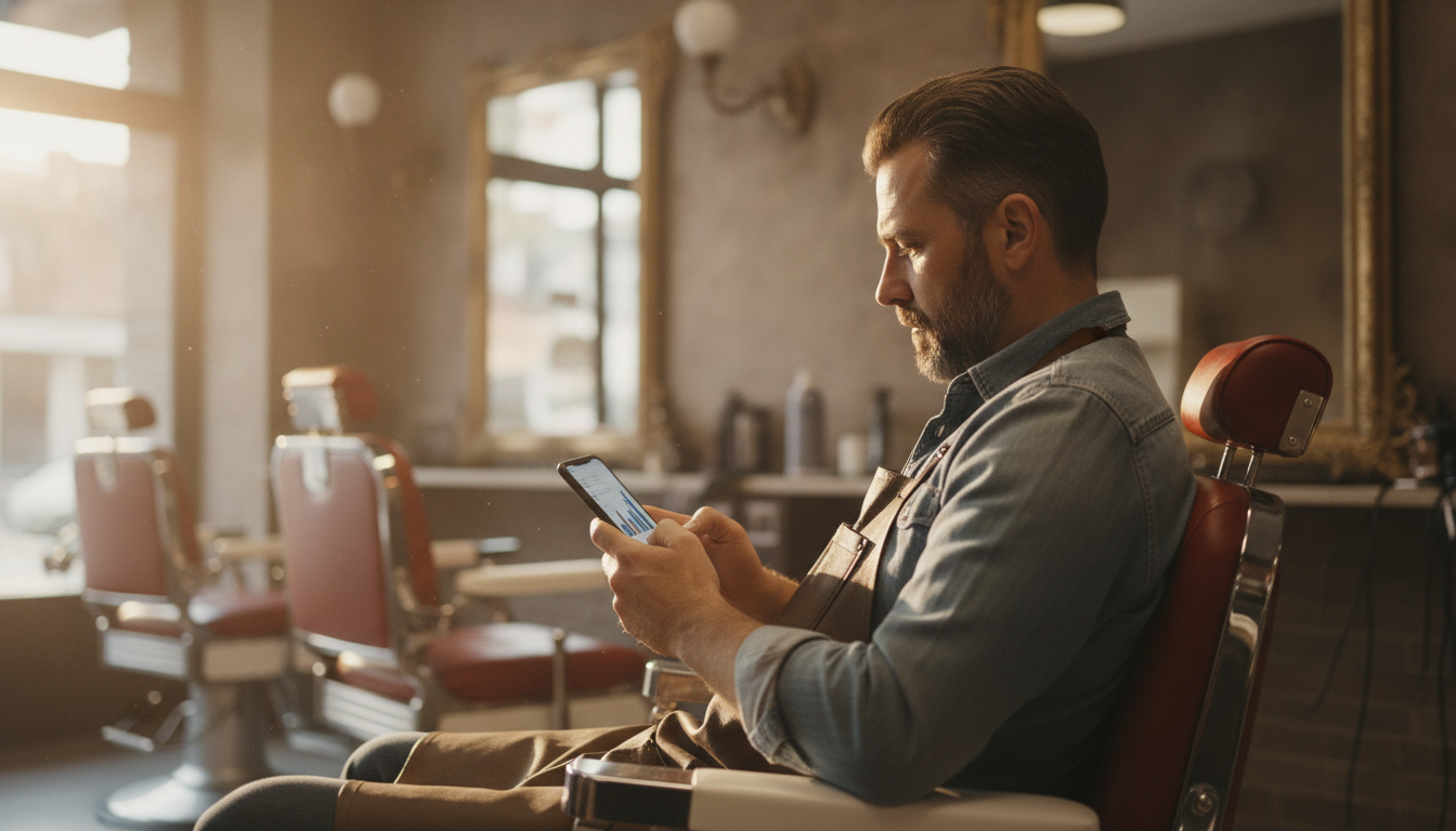 Barbershop owner reviewing social media content analytics on his phone between appointments
