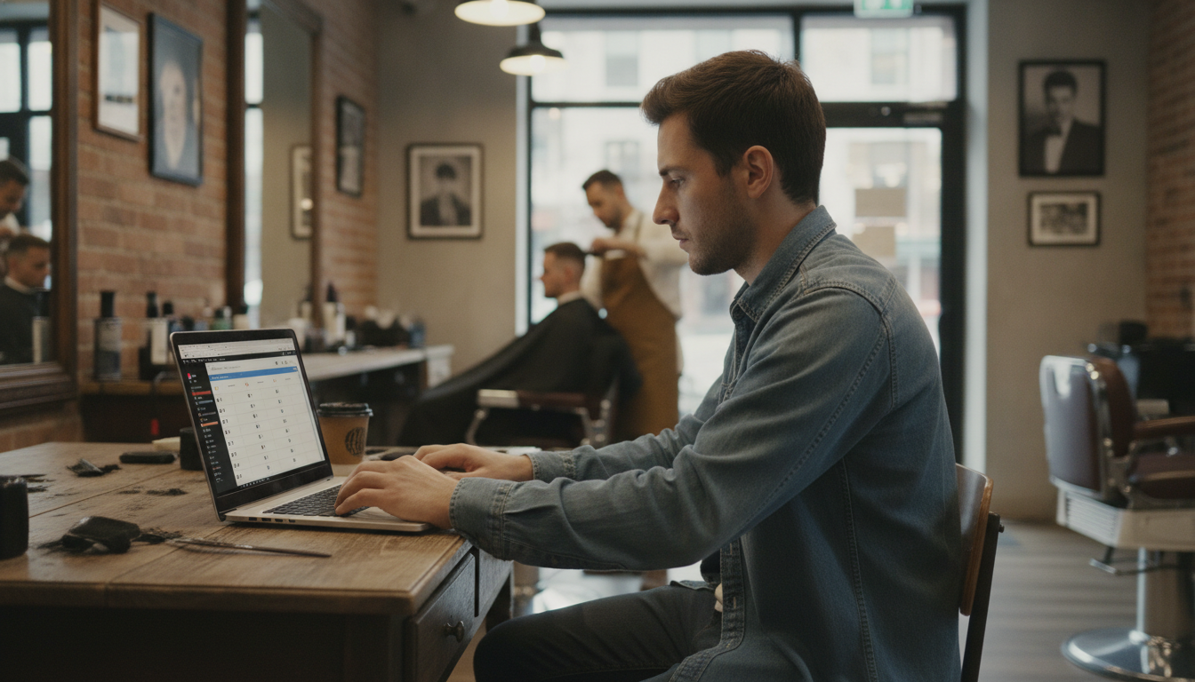 Barbershop owner planning a local event campaign on his laptop between clients