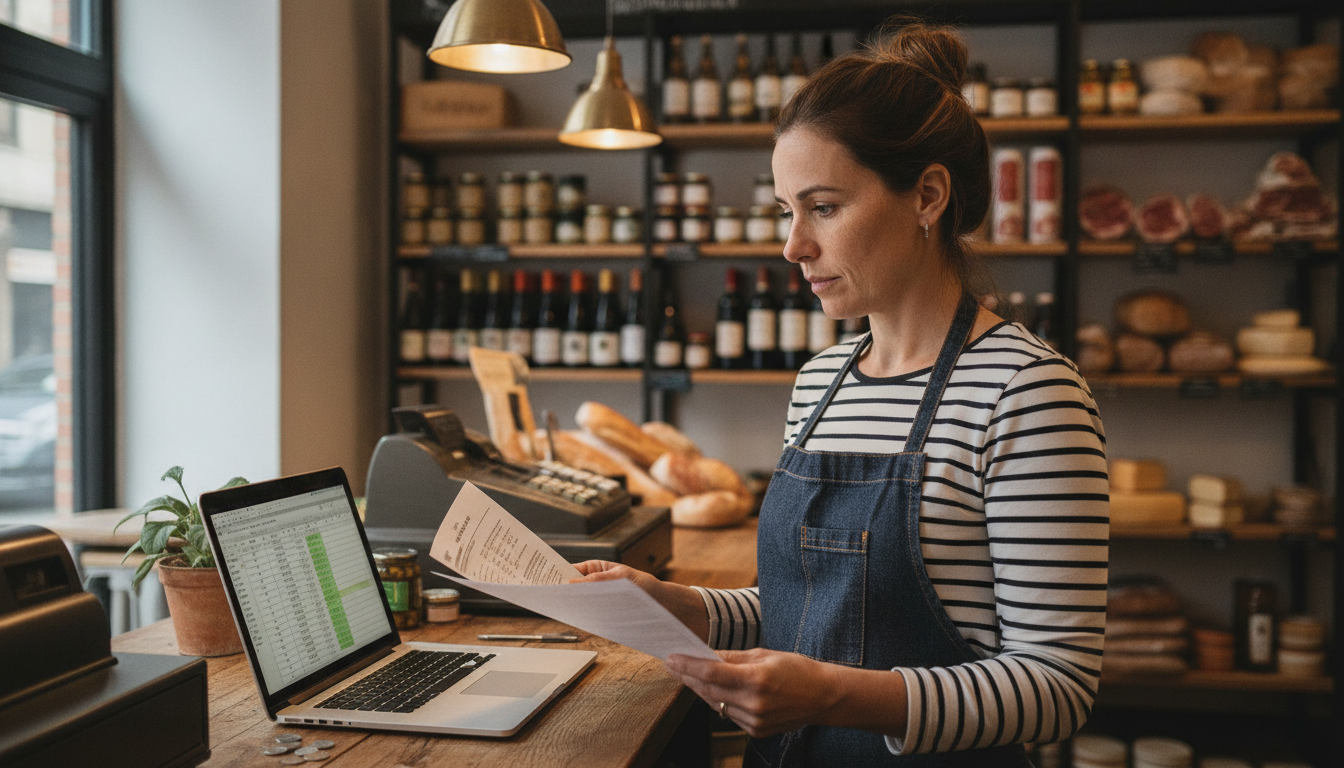 Independent grocery store owner reviewing weekly sales data at her shop counter