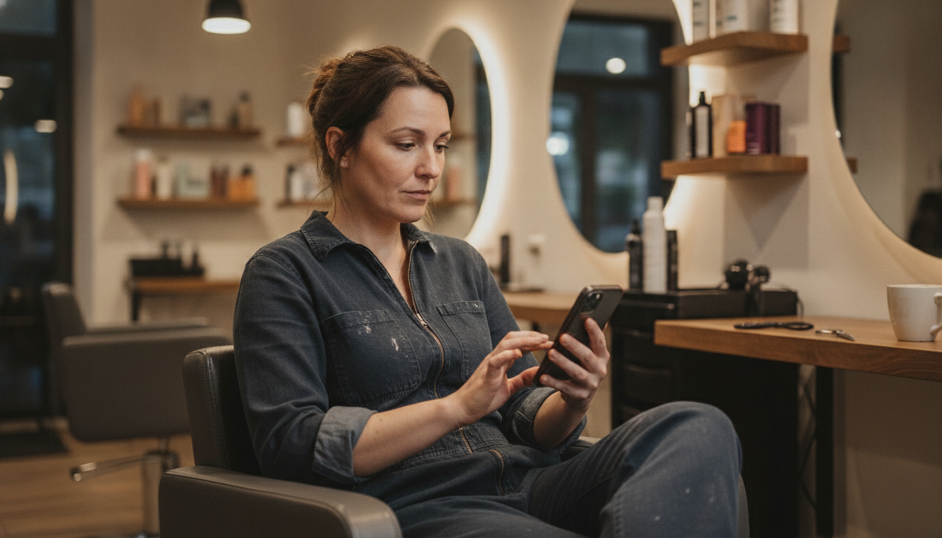 Hair salon owner reviewing social media content on her phone at the end of a shift