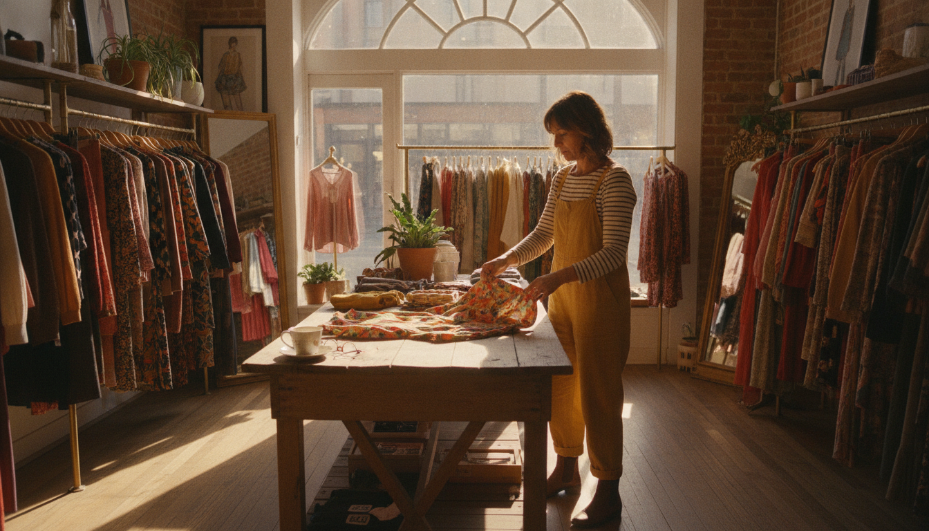 A boutique clothing store owner organising her shop floor