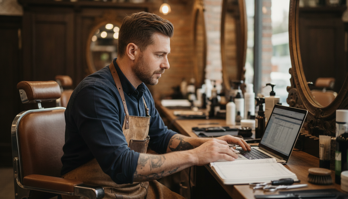 Barbershop owner reviewing customer visit frequency data on a laptop between appointments