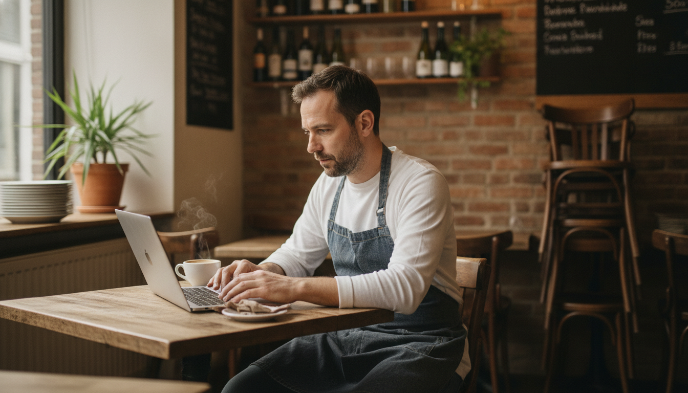 Restaurant owner setting up automated follow-up messages during pre-service prep time