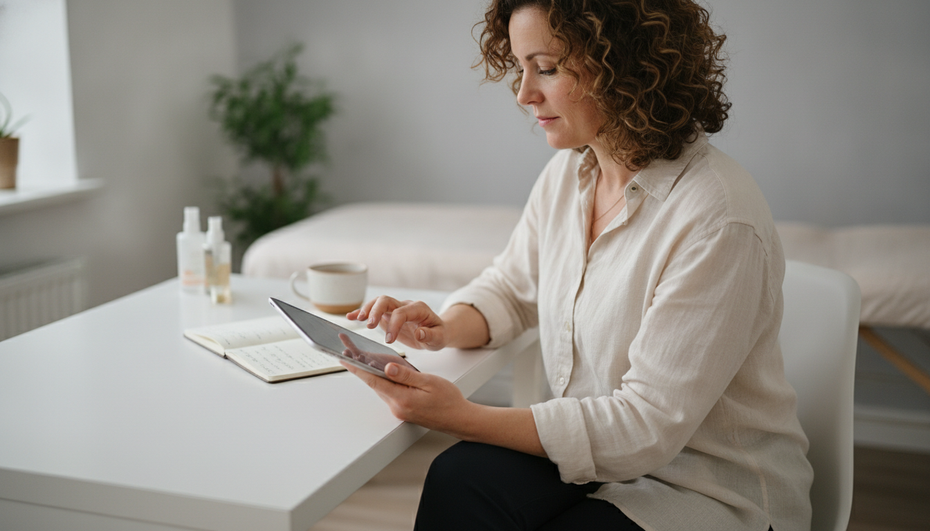 Skincare clinic owner batching and scheduling her monthly Google Business Profile posts on a tablet