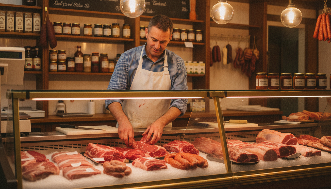 Butcher arranging cuts of meat in a traditional butcher shop display case