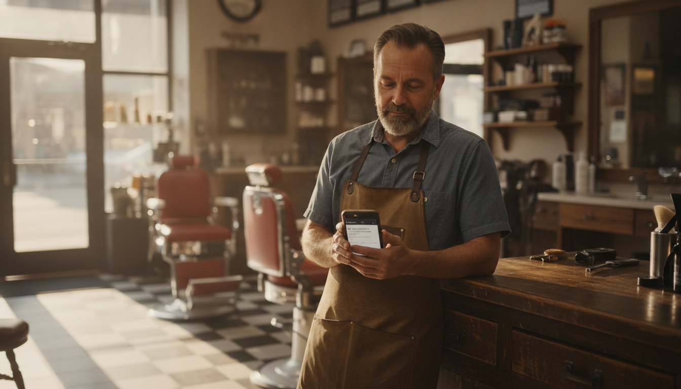 Barbershop owner reviewing his Google Business Profile listing on a smartphone at the front desk