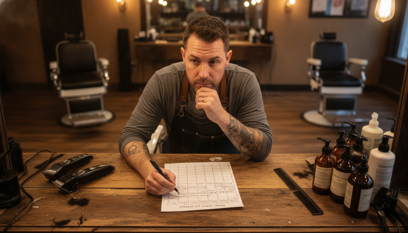 Barbershop owner planning monthly social media content at his workstation after hours