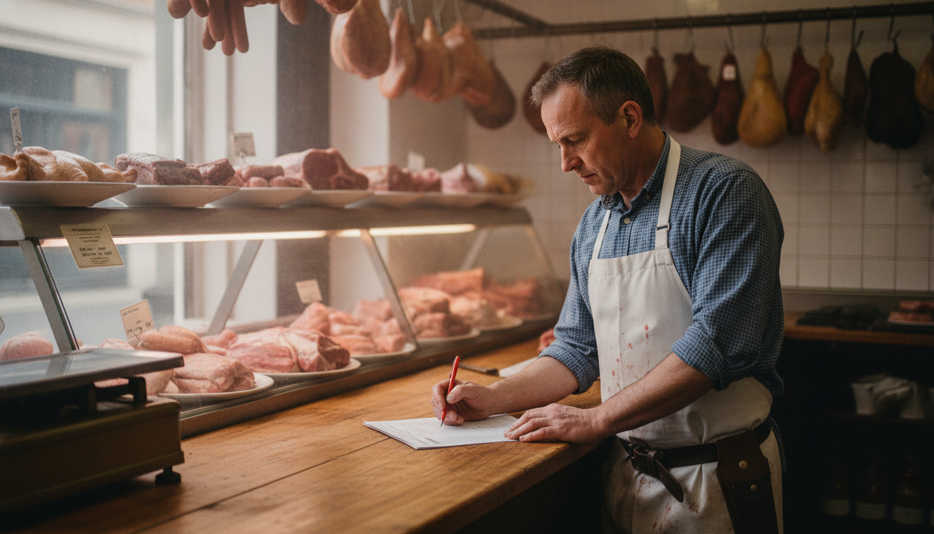 A butcher reviewing his sales data report at the shop counter