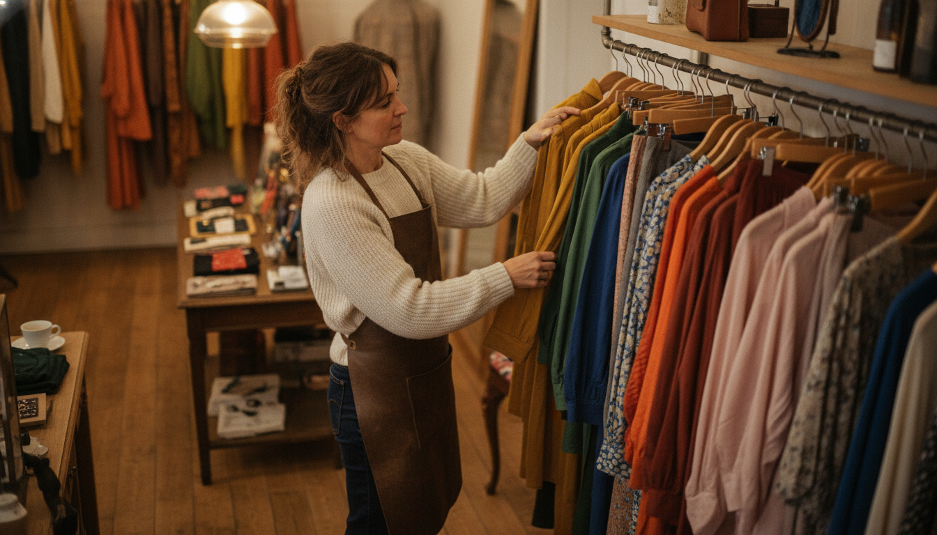 Boutique clothing store owner working during a quiet weekday morning