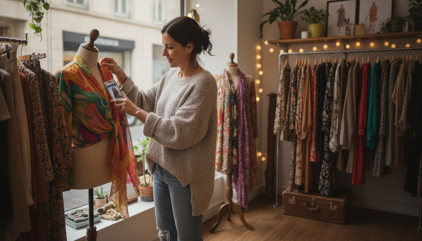 Boutique owner preparing a social media campaign post in her clothing store