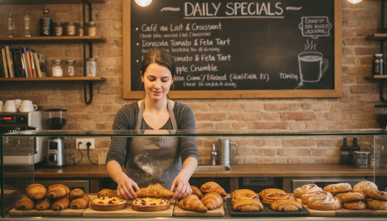 Café owner arranging pastries behind a display counter, illustrating day-part promotional timing in a local food business